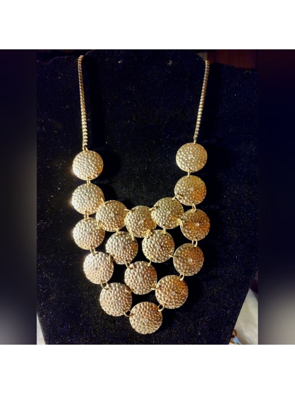 Hammered Gold Tone Disc Bib Statement Necklace